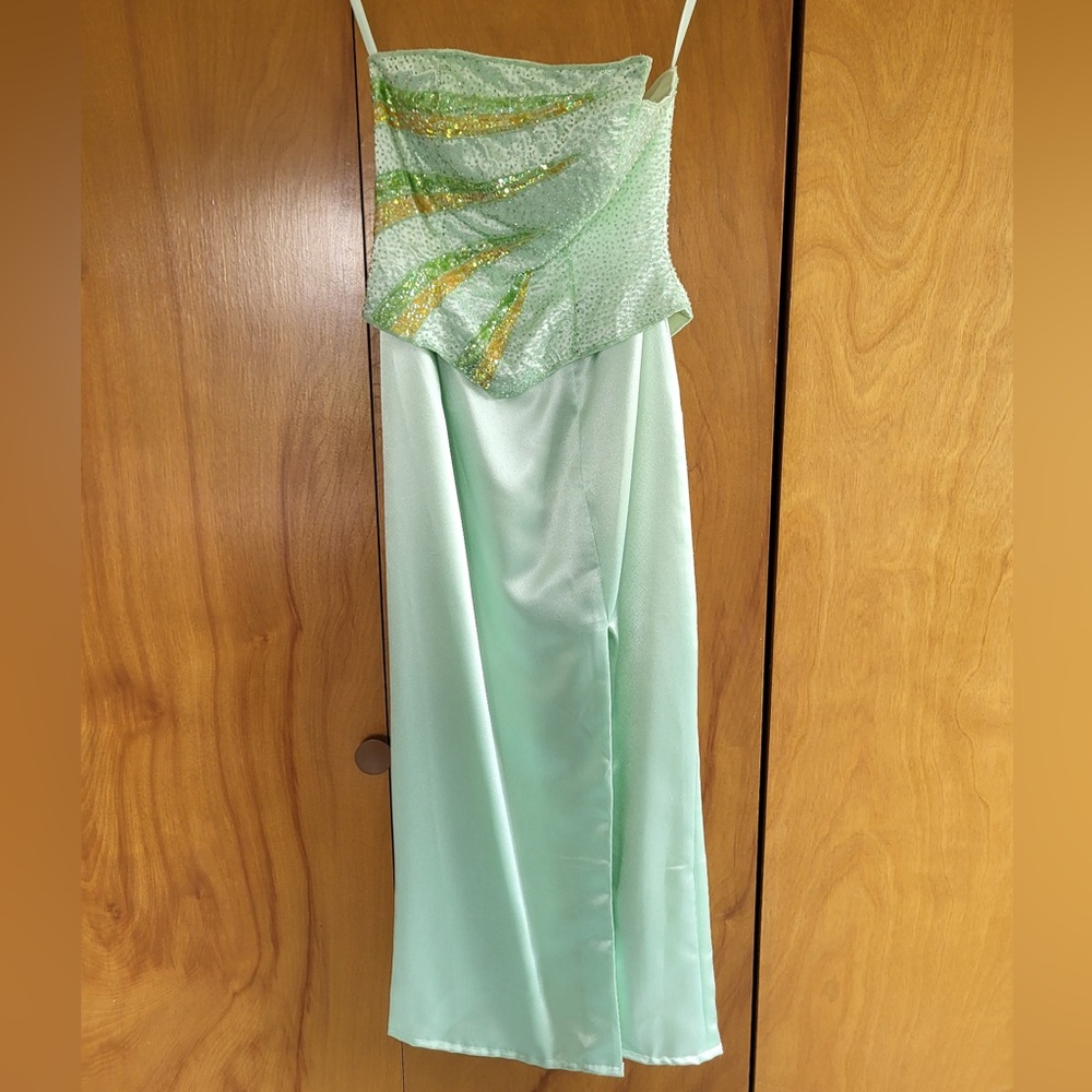 Mint Green Sequin Evening Gown with Gold Accents